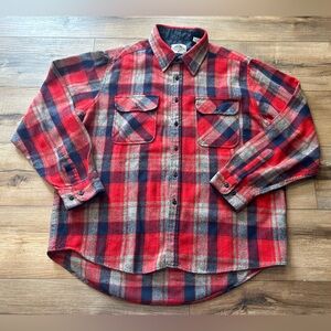 Vintage 80s Fieldmaster red navy blue grey plaid wool blend button up shirt XL